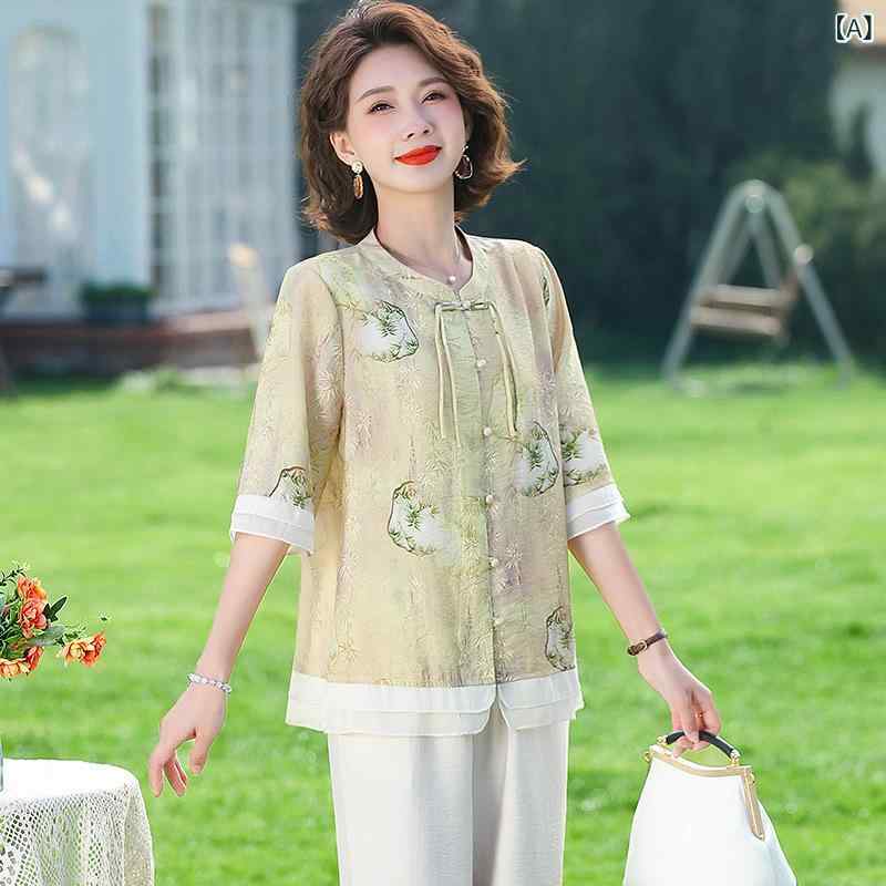 中老年女性 夏服 トップス 気質 七分袖 シフォン チャイナ風 小衫 ママ服 大きいサイズ 上衣 軽量 通気性 コットン混 ゆったりシルエット ブラウス シャツ 普段使い 部屋着 ベーシックスタイル