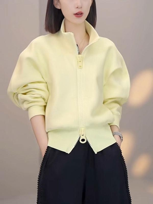 カーディガン レディース 秋冬 スタンドカラー ミルクイエロー 単色 ジップアップ スウェット 韓国 ゆったり カジュアル ラフスタイル 高級感 普段使い 合わせやすい