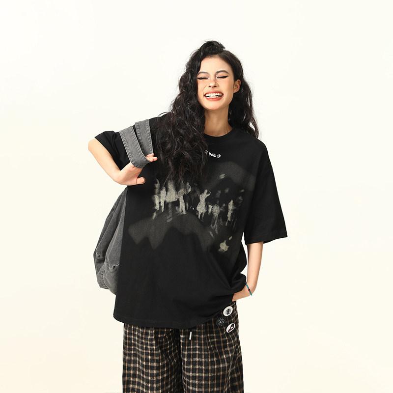 Tシャツ ユニセックス 夏用 レトロ アメリカン エイリアン プリント 半袖 カジュアル ストリート トップス グラフィック 柄 ゆったり フィット