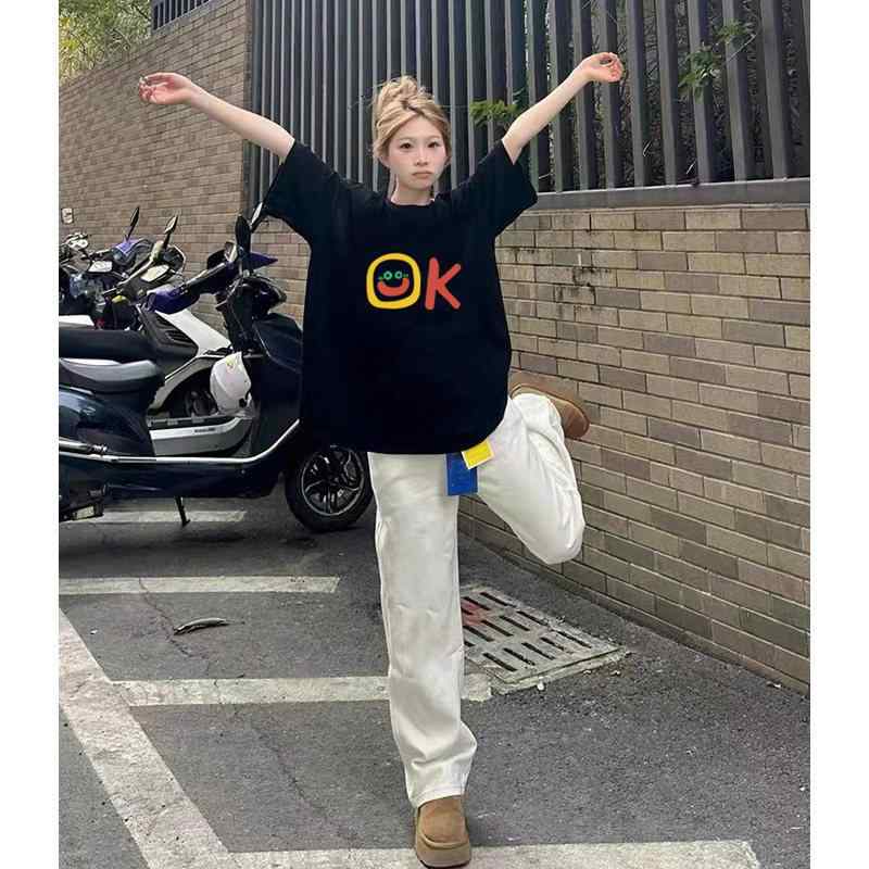 Tシャツ レディース ブラック 綿 スマイルプリント 厚手 短袖 夏 アメリカン レトロ ストリート ユニーク トップス ゆったり コットン カジュアル