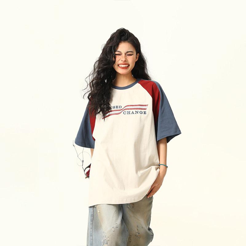 Tシャツ メンズ レディース ユニセックス レトロ 切り替え コントラストカラー ラグラン袖 ショートスリーブ フィット ゆったりシルエット 百搭 普段使い カジュアル トップス カットソー