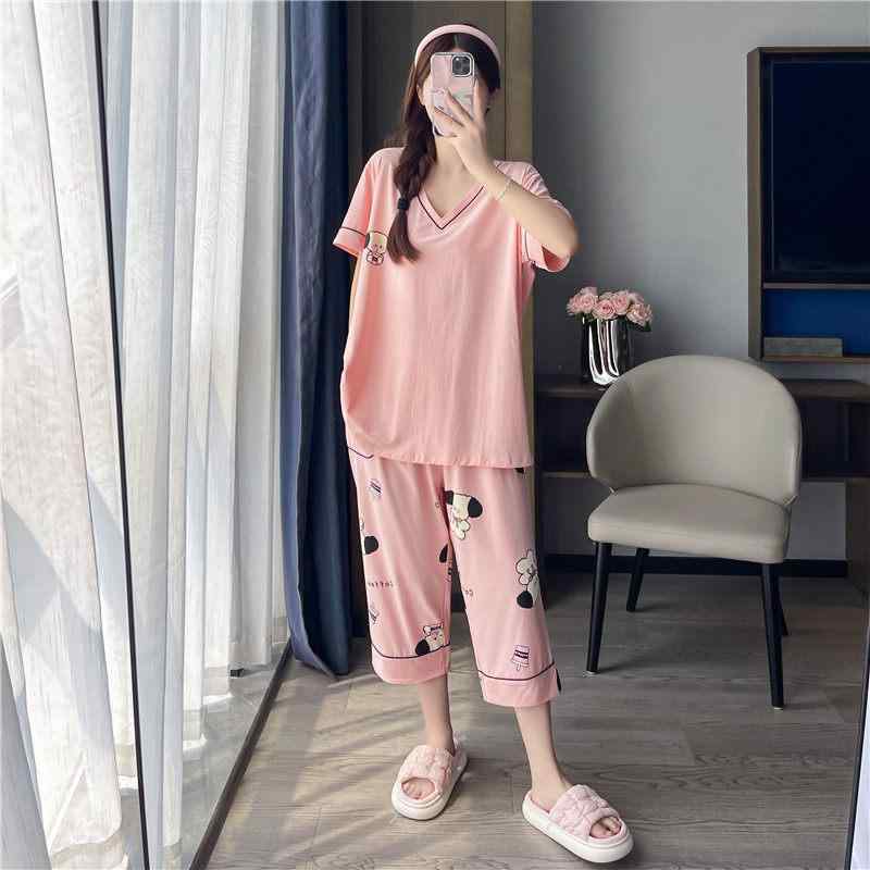 レディース パジャマ ゆったり 大きめサイズ 綿100% 短袖 七分丈パンツ Vネック かわいい柄 春夏 ホームウェア 2点セット 吸湿速乾 リラックスフィット カジュアル