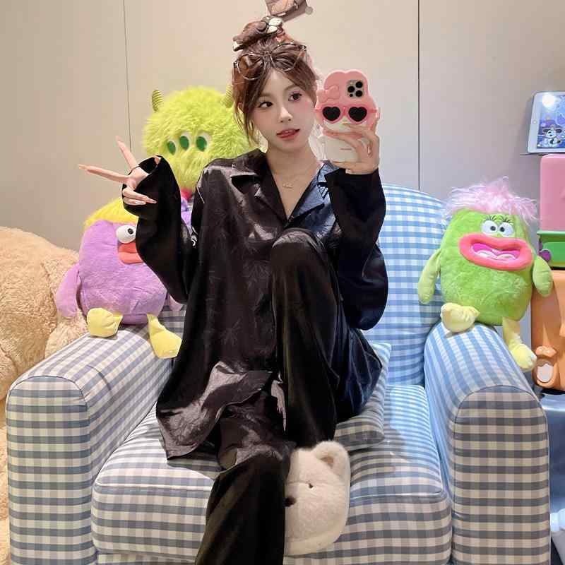 レディース パジャマ ブラック 竹柄 春夏秋 薄手 高級感 接触冷感 ルームウェア 部屋着 綿混 快適 吸湿速乾 軽量 普段使い