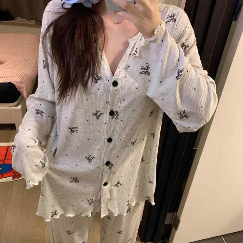 パジャマセット 女性用 長袖 ロングパンツ 綿混 ニット ルームウェア 春秋 ビッグサイズ ゆったり 部屋着 快適 吸湿 速乾