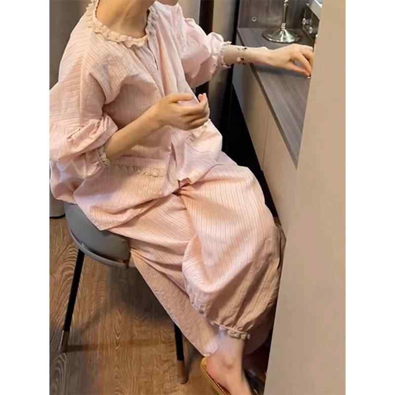 パジャマ レディース 長袖 フリル かわいい 甘美 春秋 快適 綿素材 部屋着 ファッション セット ホームウェア 柔らかい 軽量 伸縮性 通勤後 リラックス