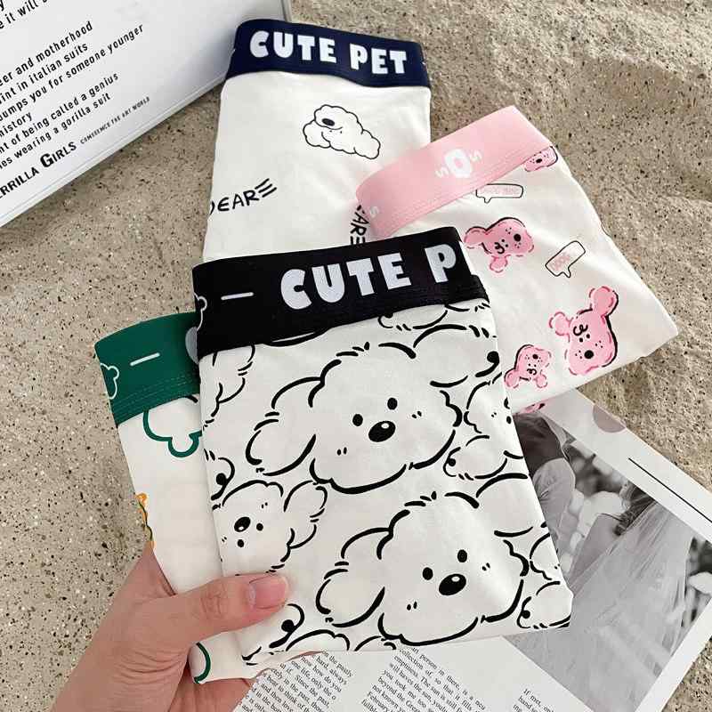 メンズ ボクサーパンツ 綿素材 ブラック ホワイト かわいい 子犬 カートゥーン柄 男性用 下着 平角ショーツ 伸縮性 普段使い 通気性 快適 フィット感