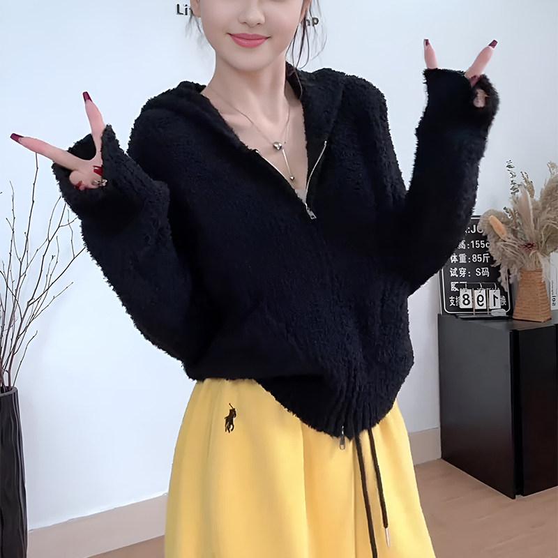 レディース 編み物 ジレー ふわふわ 黒 ボンネット付き添い人 遊撃手丈 ファスナー 韓国 伸び伸びする ゆったり影ぼうし 優しいこと 秋 アウター トップス スウェーター