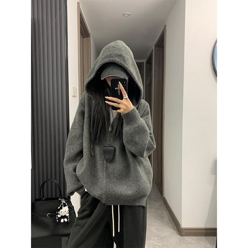 レディース ゆったり ニットコート フード付き ジッパー フィット 韓国スタイル カジュアル アウター 暖か 柔らかい 素材 秋冬|リバーパディ