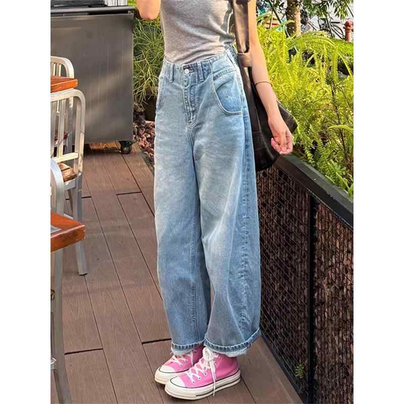 パンツ レディース 春 デニム ワイドレッグ ストレート ゆったり ブルー 股隠し スリム効果 カジュアル 普段使い 軽量 伸縮性