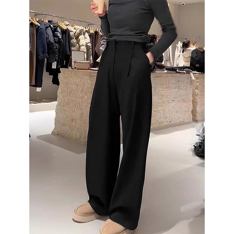 レディース パンツ 黒 ハイウエスト スーツパンツ 秋冬 プリーツ シンプル スリム 効果 カジュアル ロング スタイル 通勤用 普段使い ボトムス 細見え ファッション