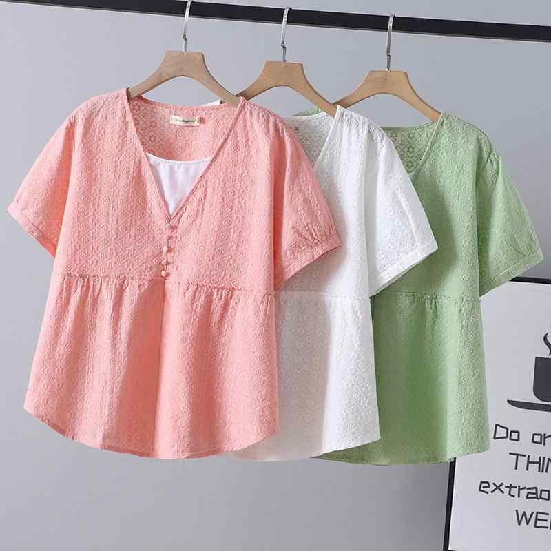 レディース 夏用 短袖 Tシャツ 大きめサイズ フェイクツーピース コットン生地 提花柄 ゆったり かわいい トップス カジュアル 吸湿速乾 普段使い 軽量 ビッグシルエット