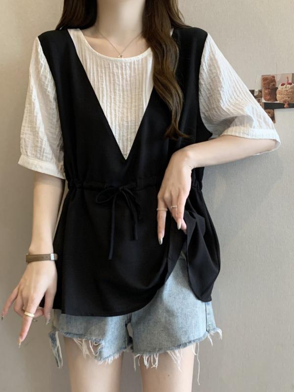 レディース 短袖 Tシャツ 韓国 フェイク ツーピース ウエストイン 色違い 夏 ビッグサイズ ぽっちゃり対応 お腹カバー スリム効果 日常使い トップス カジュアル ゆったりシルエット