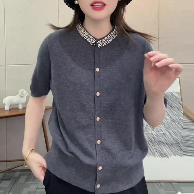 春夏 レディース ジレー 薄墨色 ラウンドのど首 ゆったり 短袖 編み物 伝達ルート石ころ かざり付ける 大きめ大きさ パステル色の 原料品 普段使い走り トップス
