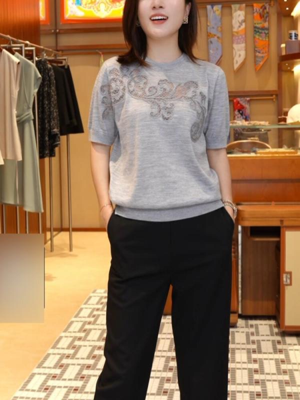 レディース トップス 薄墨色 短袖 編み物プルオーバー 夏用 大きめ大きさ ゆったり影ぼうし 御前上等感 分かりやすい  心地よい 普段使い