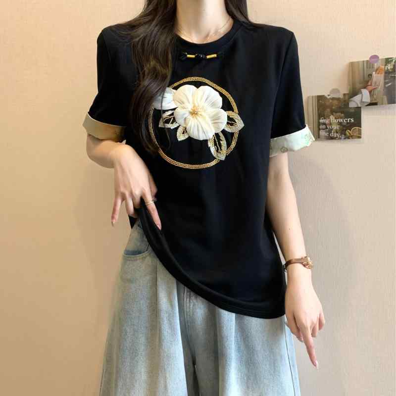 Tシャツ レディース 刺繍 短袖 中国風 夏 大きめサイズ ゆったりシルエット お腹カバー トップス 普段使い 軽量 吸湿速乾 再生繊維 ビッグシルエット