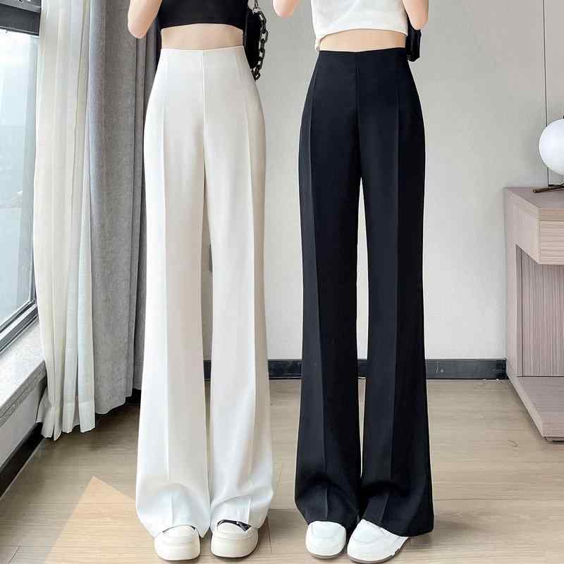 スーツパンツ レディース ハイウエスト ワイドレッグ ストレート ロング ホワイト 春 ペティート 微フレア ビジネス オフィス 通勤用 軽量 伸縮性