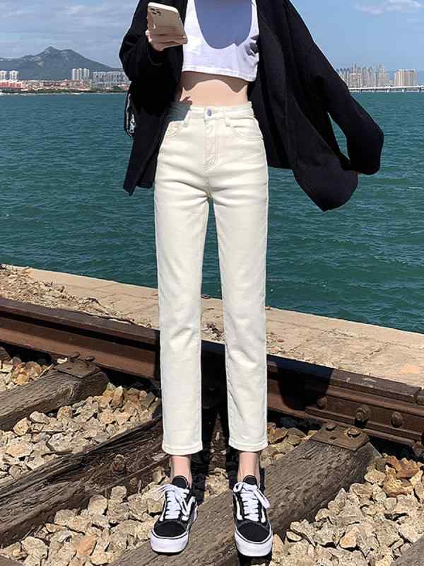 デニムパンツ レディース 杏色 ストレート ハイウエスト 細見え テーパード バゲット 春秋 普段使い 伸縮性 吸湿速乾 軽量 再生繊維 ミックスカラー オフホワイト ピーチ系