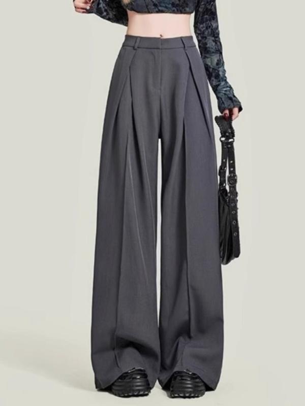 レディース ワイドパンツ グレー プリーツ ハイウエスト ゆったり ビッグサイズ 春 スリム効果 ドレープ感 カジュアル 普段使い 体型カバー