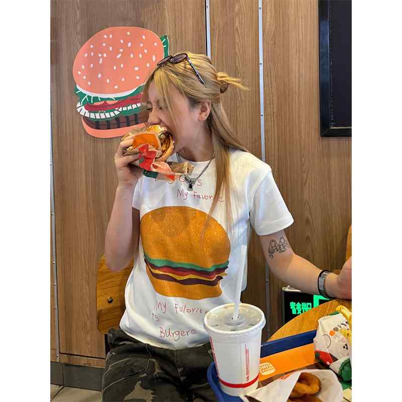 レディース Tシャツ ハンバーガー柄 プリント クルーネック ショートスリーブ ストリート カジュアル 夏 トップス 日常使い ストリートスタイル