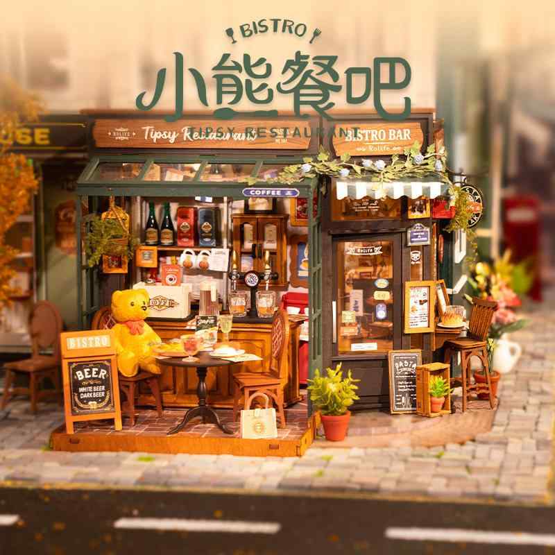 DIY ミニチュア模型 クマ カフェ 小屋 組み立て キット 芸術 ブロック 女性用 インテリア 飾り 趣味 クラフト 木製 細部 再現 部屋 ディスプレイ 通年 使用 可能 かわいい 軽量 素材 再生 繊維 混 在|リバーパディ