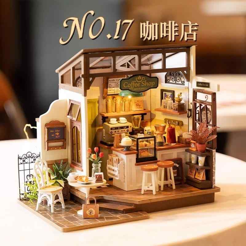 木製模型 女性用 DIY カフェ店 小屋 組み立て ミニチュア ハウス ブロック インテリア 趣味 キット 木質 ・靭装 積木 手工
