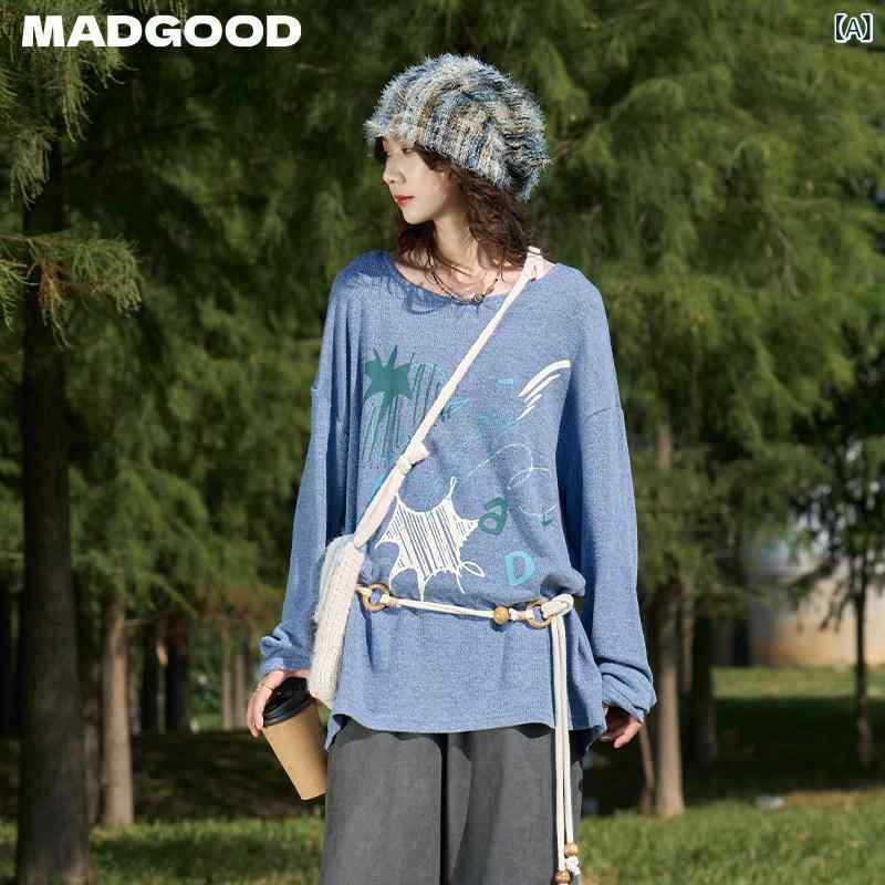 Tシャツ ニット トップス 春夏 ゆったり シルエット かわいい グラフィティ プリント 柔らかい 素材 普段使い コーディネート 簡単