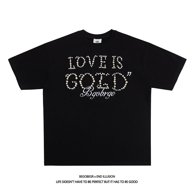Tシャツ ユニセックス パール ビーズ 装飾 半袖 コットン 厚手 ゆったり アメリカン ストリート ファッション カジュアル 普段使い 夏用 フィット