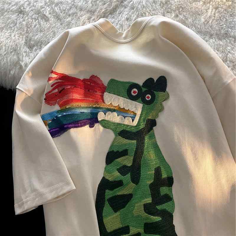 Tシャツ メンズ 恐竜柄 半袖 夏用 レトロ ゆったり カジュアル 薄手 コットン トップス アウトドア 普段使い ビッグシルエット 吸湿速乾