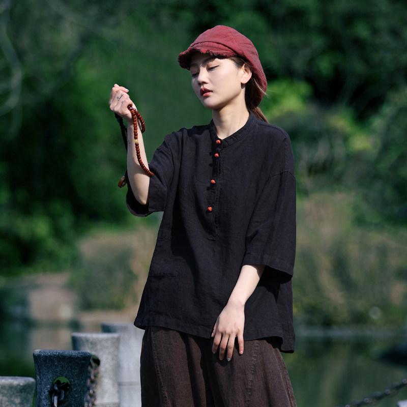 レディース 黒いこと リネン 短袖 プルオーバー 夏用 ゆったり 心地よい ティーシャツ トップス 軽さ 通気性 吸湿速乾 日常使い走り 原料品 分かりやすい
