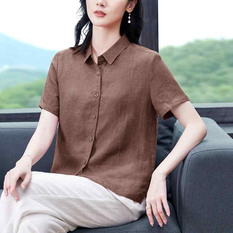 レディース 春夏 短袖 麻 シャツ シンプル カジュアル トップス ショート丈 軽量 吸湿速乾 日常使い ブラウス 風通し良い ナチュラル スタイル