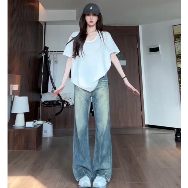 デニムパンツ 女性用 レトロ アメリカンスタイル ハイウエスト ワイドレッグ ストレート ロング丈 春秋 小柄対応 ゆったりシルエット コットン素材 カジュアル 普段使い
