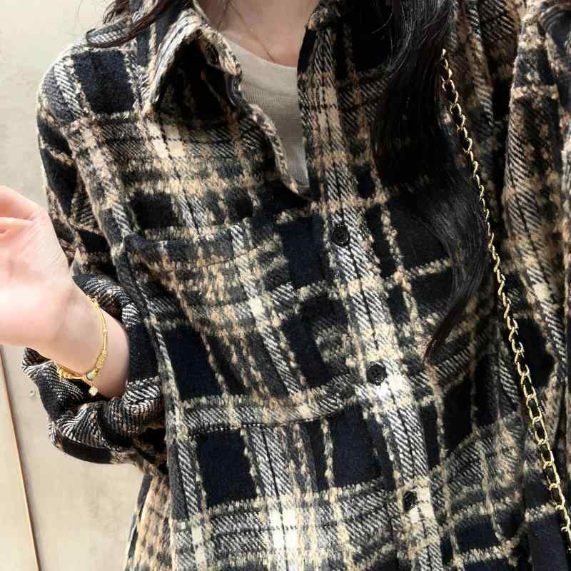 シャツ レディース チェック柄 長袖 ゆったり スリム効果 中長丈 春秋 カジュアル トップス モード スタイリッシュ 軽量 伸縮性