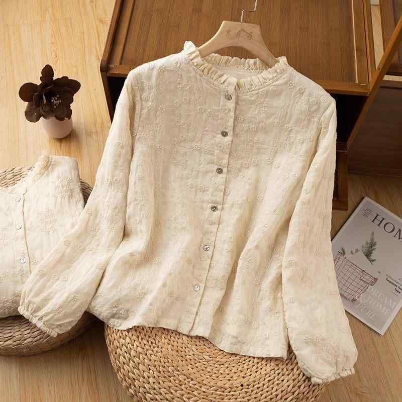 レディース 春 ラミー 刺繍 長袖 シャツ 復古 アート トップス ブラウス 軽量 吸湿速乾 インナー 普段使い
