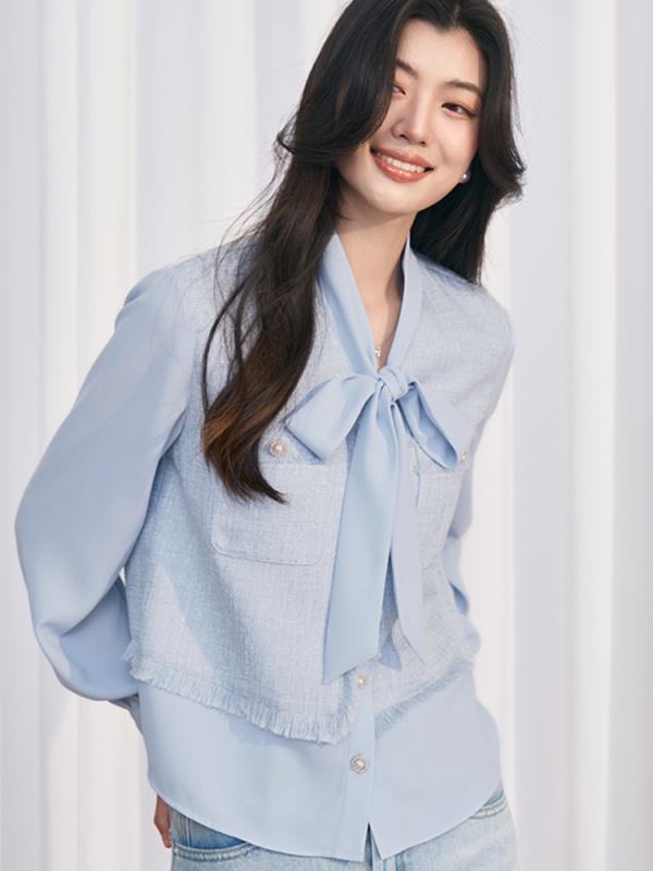 シャツ 女性用 春夏 フレンチスタイル ブルー 切り替え リボン バタフライボウ ジャケット ランタンスリーブ トップス 軽量 通勤 普段使い 綿混 伸縮性 Vネック ロングスリーブ ビッグシルエット カジュアル｜リバーパディ