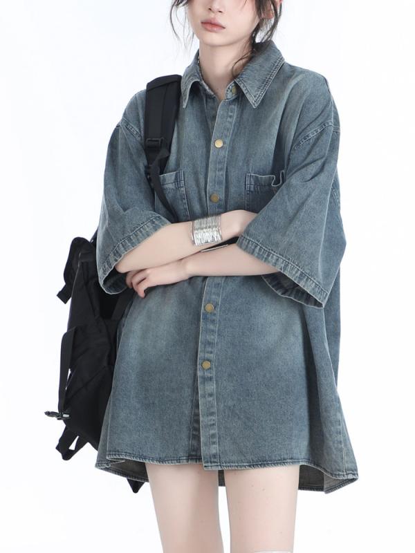 シャツ 女性用 春夏 牛仔 短袖 トップス リネン 洗い加工 ビンテージ デザイン ゆったり シルエット 軽量 吸湿速乾 普段使い 通勤 カジュアル