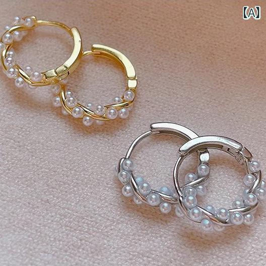 イヤリング 女性用 純銀 花環 デザイン パール アクセサリー 軽量 高級感 夏 接触冷感 耳飾り かわいい ファッション アクセント シンプル 普段使い 通勤 シルバー ジュエリー トレンド