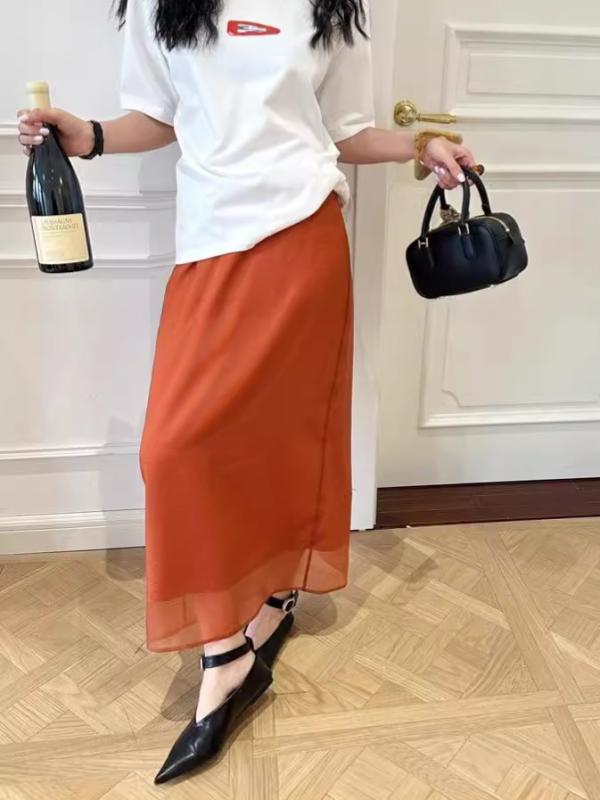 スカート 女性用 春夏 通勤用 高腰 ロング ミディ プリーツ スカート 薄手 レース レイヤード チュール 素材 軽量 通気性 フレア シルエット 膝丈 フレアスカート ピーチカラー オレンジ系 明るい色 フェミニン デザイン 歩きやすい 伸縮性 コッ