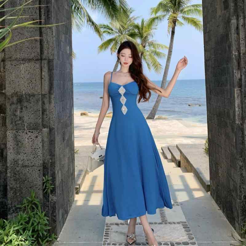 ワンピース レディース 夏 ブルー ニット 吊り下げ ロング ビーチ リゾート ゆったり 大きいサイズ 修身 ウエストマーク 切り替え 軽量 吸湿速乾 伸縮性 再生繊維 カジュアル