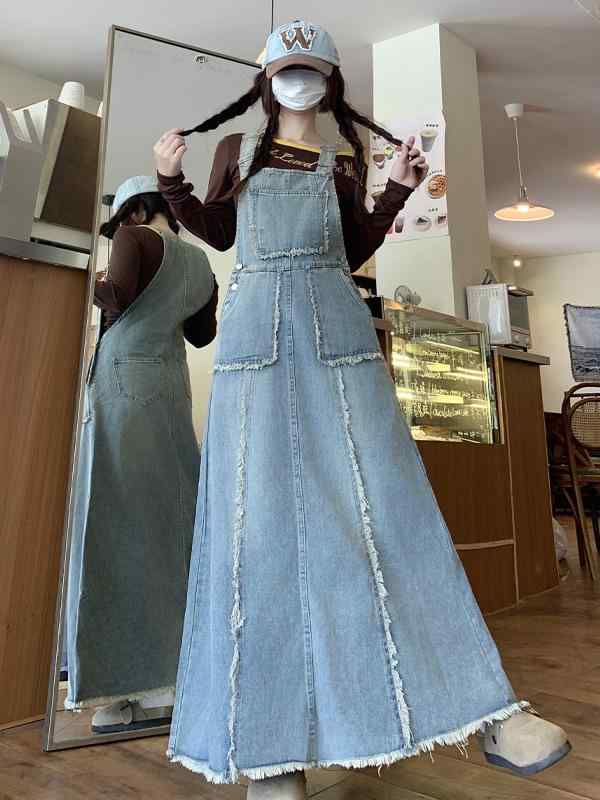 ワンピース 女性用 春夏 牛仔 デニム 吊り帯 背?裙 中長丈 ロング丈 韓国 ルーズ ゆったり スリムライン 軽量 伸縮性 通勤 普段使い カジュアル デイリー アイボリー ピンク系 ブラック ビッグシルエット ハイウエスト