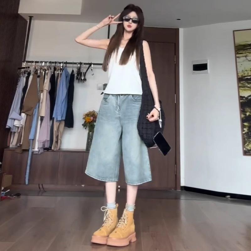 デニム ショートパンツ レディース 夏用 薄手 ストレート ワイド レッグ 高腰 スリム 効果 汎用 ミドル レングス コットン 素材 軽量 伸縮性 吸湿速乾 カジュアル 普段使い アウトドア ブルー デニム ブルー ビッグシルエット 通勤 対応