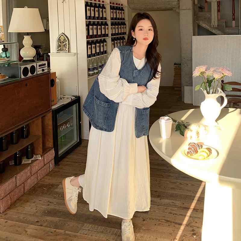 ワンピース セット 女性用 2点セット 春夏 ゆったり ルーズ カジュアル ビッグサイズ 妊婦服 高級感 復古 トップス スカート コットン混 伸縮性 ゆったりシルエット 普段使い 軽量 ブラック グレー系