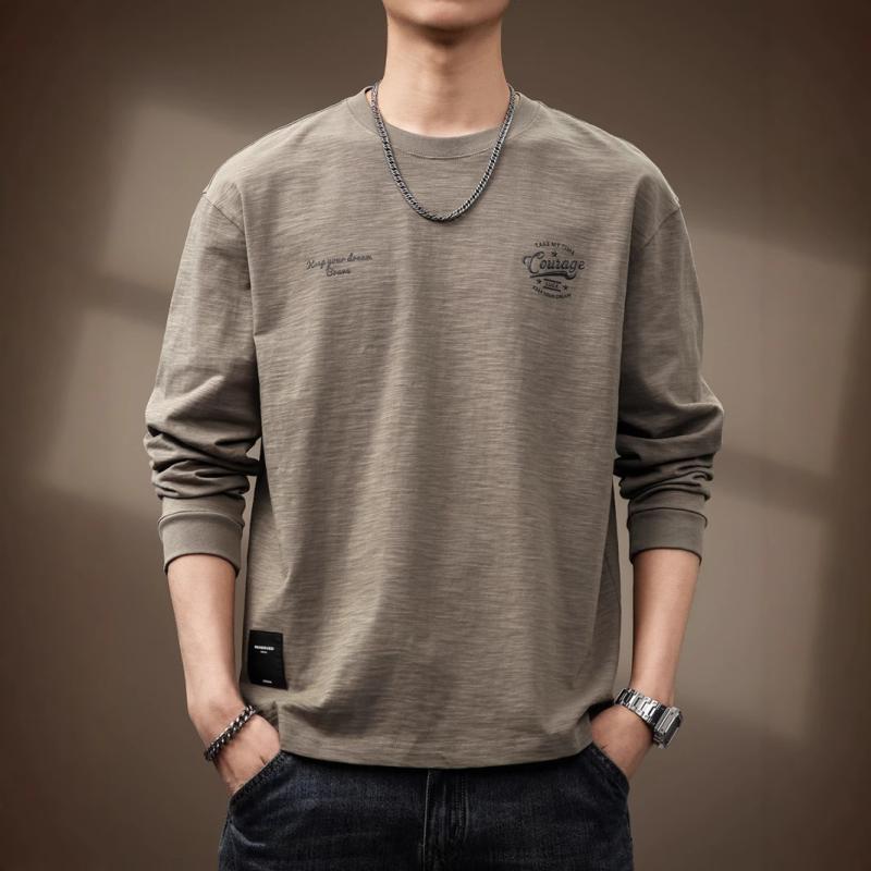 メンズ 長袖 Tシャツ トップス 春夏 シンプル プリント 竹節 コットン 綿素材 ゆったり ビッグシルエット ワイド サイズ 日常使い 軽量 通勤 通学 普段着 復古 日系 カジュアル スタイル 柔らかい 肌触り 吸湿性 通気性 伸縮性 ベーシック ア