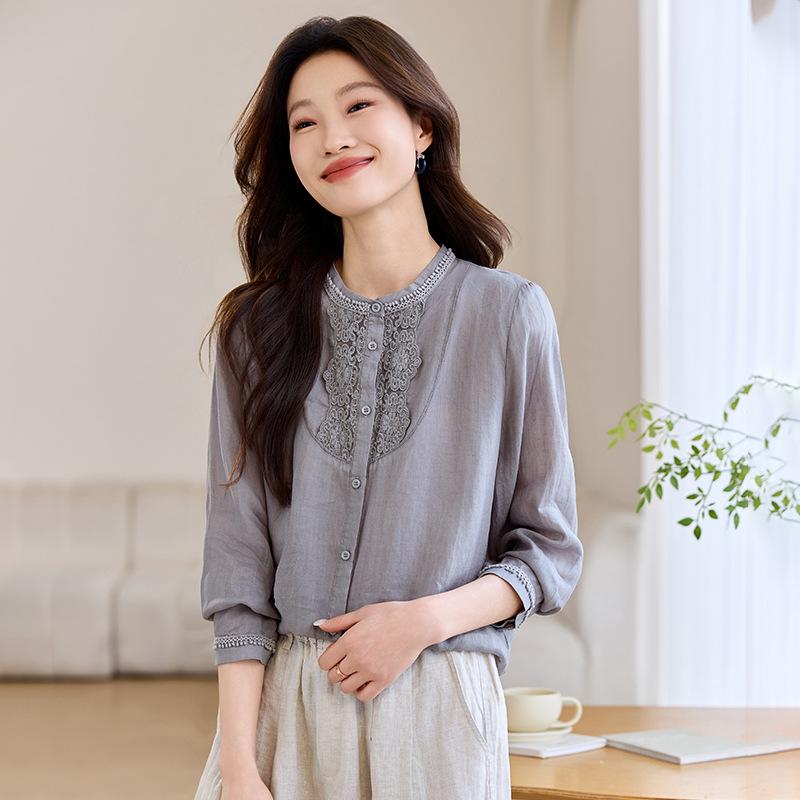 上衣 女性用 春夏 軽薄 透気 綿麻 麻 トップス ワンピース 2025 新款 春装 ゆったり 長袖 苧麻 シャツ 女性用 春夏 軽量 吸湿速乾 伸縮性 再生繊維 ビッグシルエット Vネック カジュアル 普段使い 通勤用 部屋着 アウトドア ブラック
