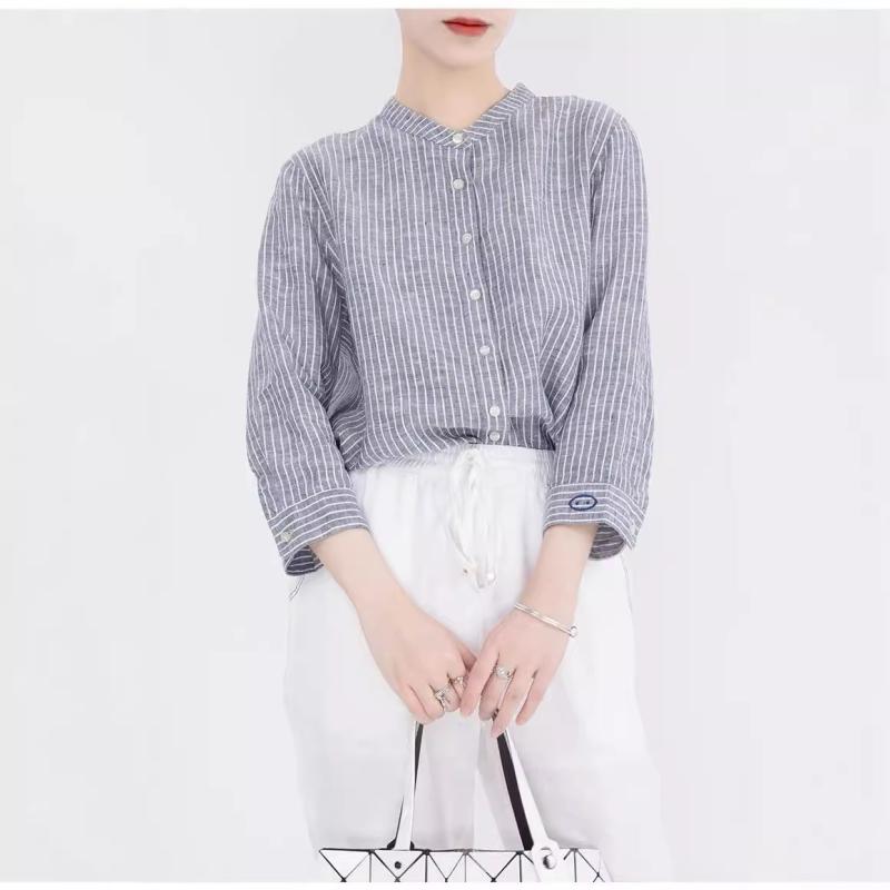 レディース 純ア麻 スタンドカラー 七分袖 刺繍 ピグノーズ 気質 短め シャツ トップス ブラウス 綿麻素材 通勤 普段使い 軽量 通気性 好感度 春夏 秋 爽やか スタイリッシュ 女性用 シャツワンピース 半袖 ロング丈 ゆったり シルエット Vネッ｜リバーパディ