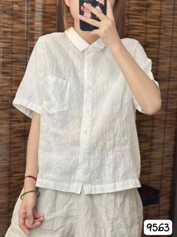 春夏 女性用 綿麻 シャツ トップス 純色 切り替え 布貼り ポケット ゆったり 翻領 開衫 内搭 ブラウス 軽量 通勤 普段使い カジュアル 吸湿速乾 ビッグシルエット ベーシック アイボリー ブラック