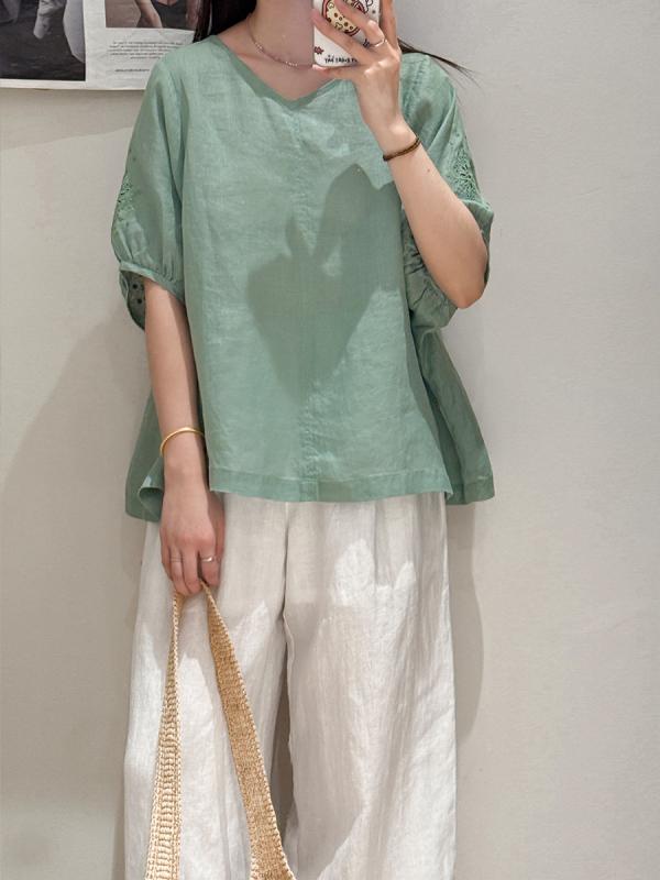 レディース 麻 シャツ トップス 綿麻素材 刺繍デザイン Vネック ゆったりシルエット ラウンドネック フレアスリーブ 女性用 軽量 通勤 普段使い 春夏 吸湿速乾|リバーパディ
