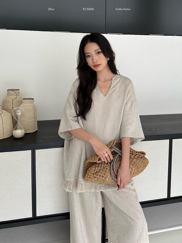 レディース トップス シャツ Vネック 麻 接触冷感 切り替え フリンジ 短袖 夏 春夏 慵? カジュアル 軽量 通勤 普段使い 高級感 ブラック ピンク系 アイボリー 6,689円