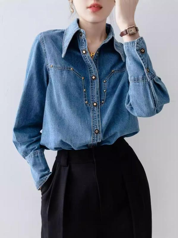 シャツ 女性用 春夏 秋冬 復古 牛仔 デニム トップス フレンチスタイル ゆったり ロングスリーブ 長袖 ブラウス チュニック シャツ ブラウス ゆったり シルエット ゆったり フィット 軽量 コットン 混紡 洗いざらし 加工 普段使い 通勤 通学 カ