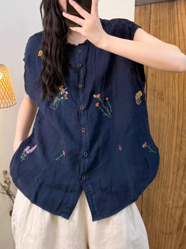 ノースリーブ シャツ 女性用 春夏 ゆったり リネン 刺繍 木の耳エッジ 無袖 開襟 トップス 純色 気品 休? 百搭 復古 軽量 通気性 吸湿速乾 ベーシック 日常使い カジュアル 6,728円