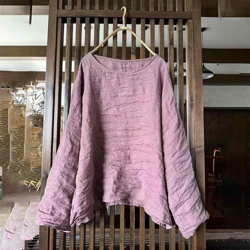 レディース シャツ トップス 春夏 秋冬 通年 砂洗い加工 麻 綿混紡 再生繊維 軽量 通勤用 普段使い 部屋着 丸首 切り替え ビッグシルエット 伸縮性 吸湿速乾 接触冷感 アイボリー ピンク系 ブラック かわいい シンプル カジュアルスタイル